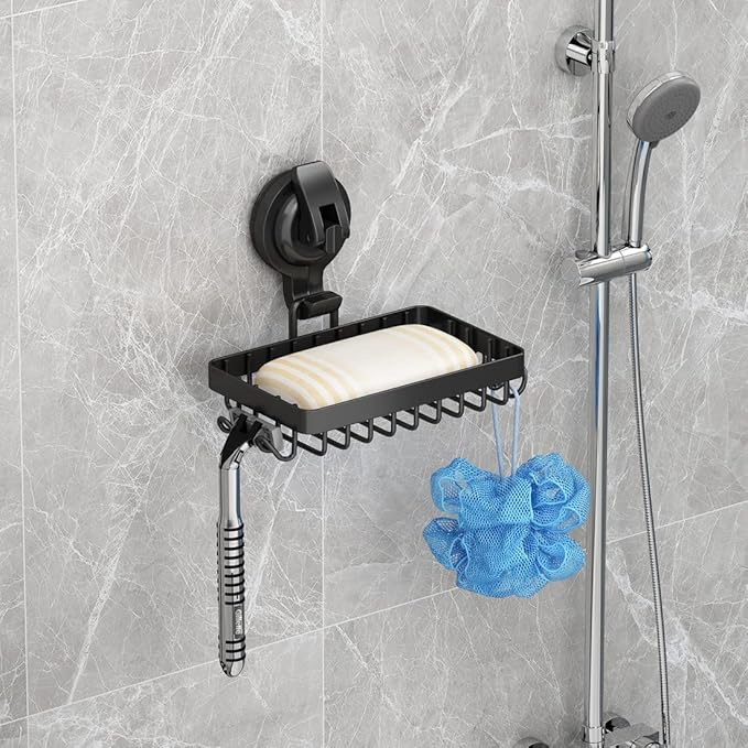 Soap Holder Shower, Suction Cup Soap Dish for Shower with 4 Hooks, 304 Stainless Steel, Black