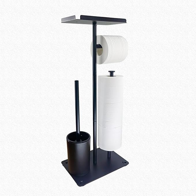 Black Freestanding Toilet Paper Holder with Brush | No Drill Bathroom Organizer Stand | Rustproof Metal Toilet Paper Stand with Anti-Slip Base and Storage & Brush Holder for Small Bathroom (Shelf)
