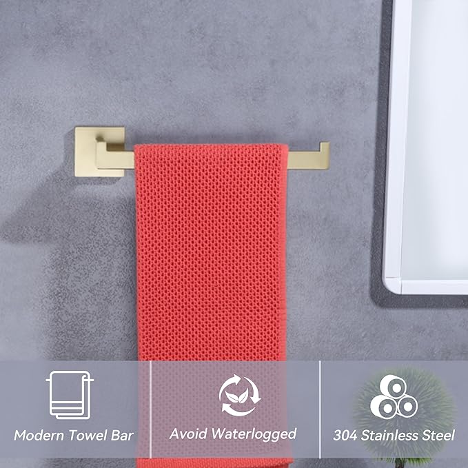 LANC Bathroom Hand Towel Holder Brushed Gold Hand Towel Bar 10 Inche Right Side Square Towel Ring for Kitchen Restroom Wall Mounted Stainless Steel Modern Towel Racks Hanger, A8806BG