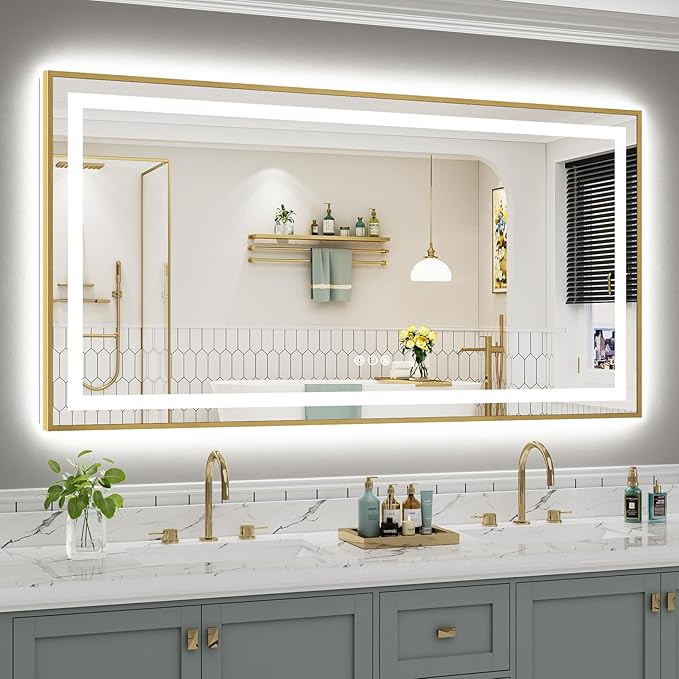 68x36 Inch LED Bathroom Mirror with Gold Frame, Backlit & Front Lit, Anti-Fog Lighted Bathroom Vanity Mirror for Wall, Memory Function, Dimmable, HD Tempered Glass, Shatter-Proof