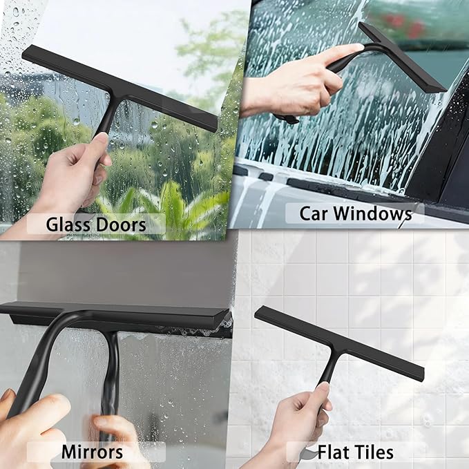 Shower Squeegee for Glass Doors, 2-in-1 Silicone Shower Squeegee with Hook,Hang Anywhere | Streak-Free Bathroom Squeegee | Household Window Mirror Squeegee for Bathroom, Glass, Tile Wall, Car(Black)