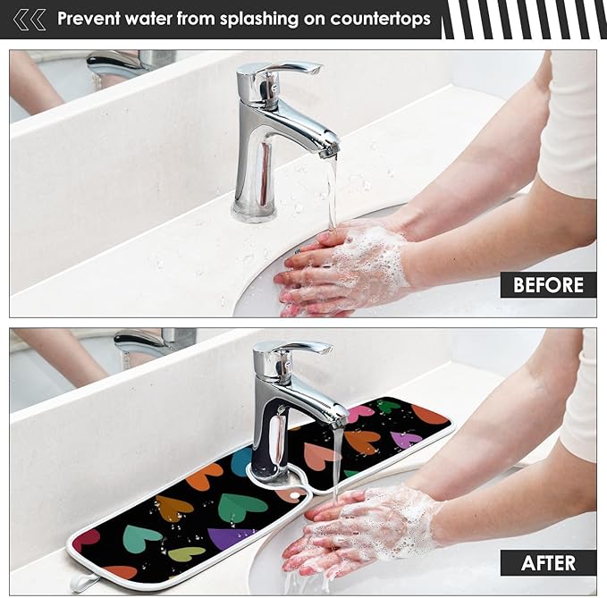 2 PCS Kitchen Sink Splash Guard 14.9 Inch Faucet Mat for Kitchen Sink Bathroom Sink Faucet Absorbing Drip Drain Mat Pad Microfiber Soft Washable Valentine Purple Colorful Hearts