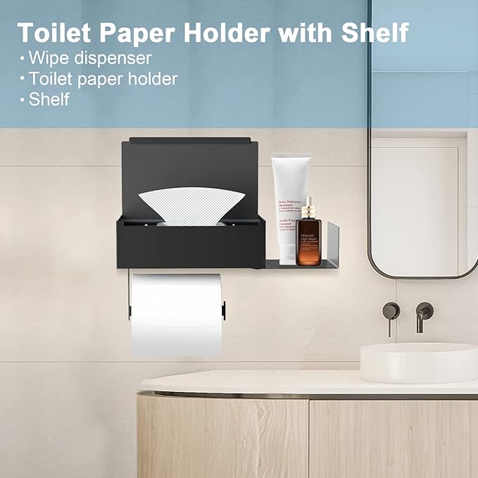 Toilet Paper Holder with Shelf, FUNLEU Self Adhesive Toilet Paper Holder with Storage, Wipe Holder for Bathroom Flushable Wipes Dispenser - Stainless Steel Toilet Holder Wall Mount, Matte Black