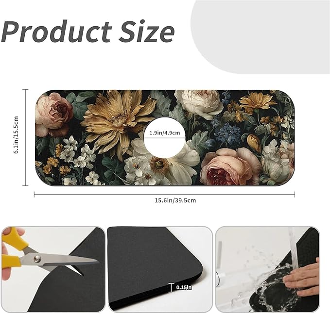 Kitchen Sink Splash Guard，Dark-floral Faucet Mat Sink Gadgets-Super Absorbent Fast Drying Mat Drip Catcher for Kitchen, Bathroom,Sink Mat, Dish Drying Mat, Bathroom(15" X 5.5" )