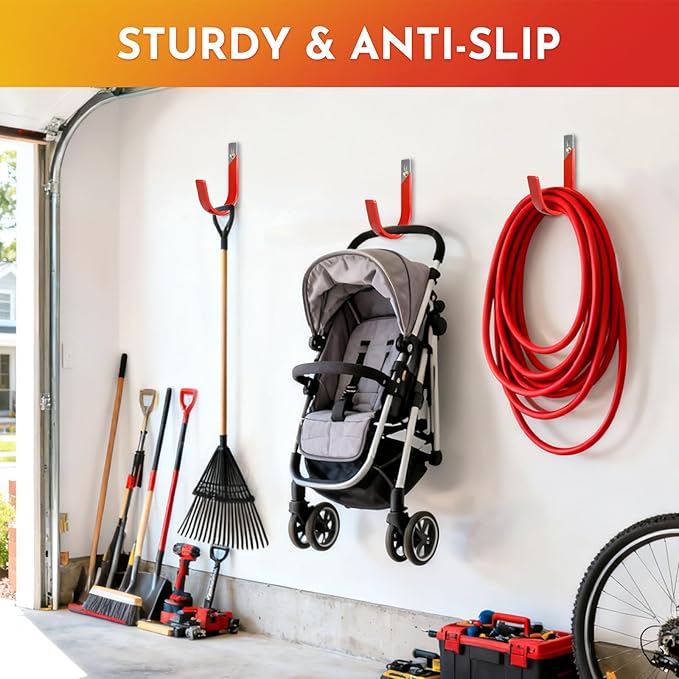 6 Pack Metal Garage Hooks, Heavy Duty Hose Hanger Wall Mounted Utility Storage Hooks for Outside Yard, Sturdy Hose Reel for Water Hose, Brooms, Ladders, Garage Storage