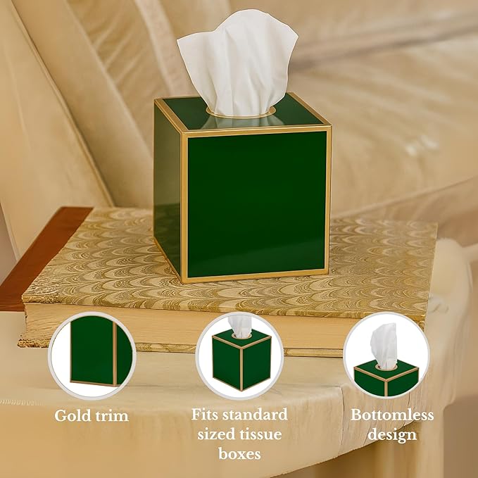 Jaye’s Studio Decorative Square Metal Tissue Box Cover Gold - Luxury Cube Facial Tissue Holder & Dispenser for Bathroom, Bedroom & Home, Modern Chic & Farmhouse Decor, Mattie Line (Emerald Green)