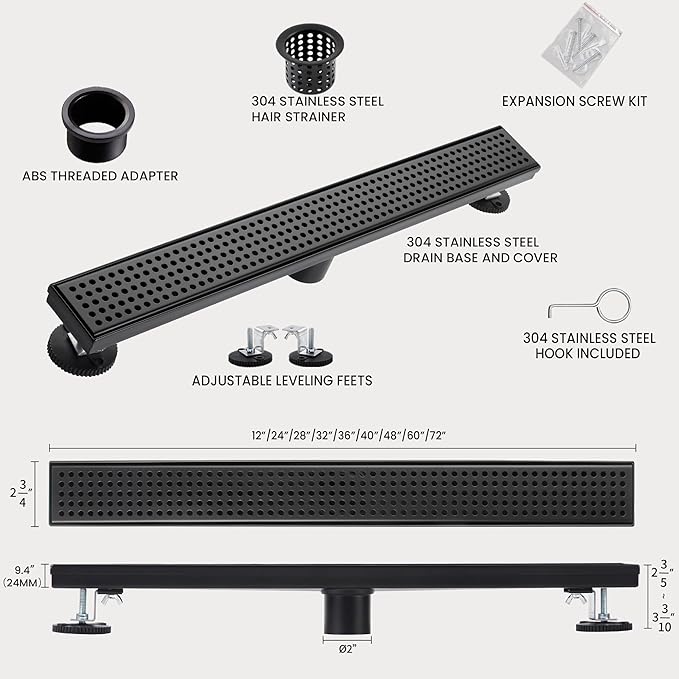 32 Inch Linear Shower Drain, Matte Black Shower Drain,Removable Grate, 304 Stainless Steel, Easy to Install and Clean for Bathrooms (Drain Base Not Included), LSD-04A-32B