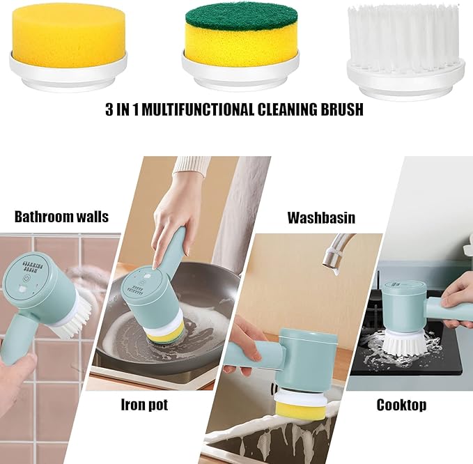 Electric Spin Scrubber, 3-in-1 Cordless Rechargeable Shower Scrubber with 3 Replaceable Cleaning Brush Heads for Bathroom/Kitchen/Floor/Tile