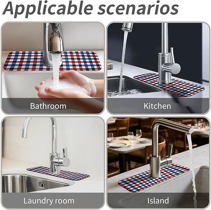 Kitchen Sink Splash Guard，Red white blue gingham Faucet Mat Sink Gadgets-Super Absorbent Fast Drying Mat Drip Catcher for Kitchen, Bathroom,Sink Mat, Dish Drying Mat, Bathroom(15" X 5.5" )