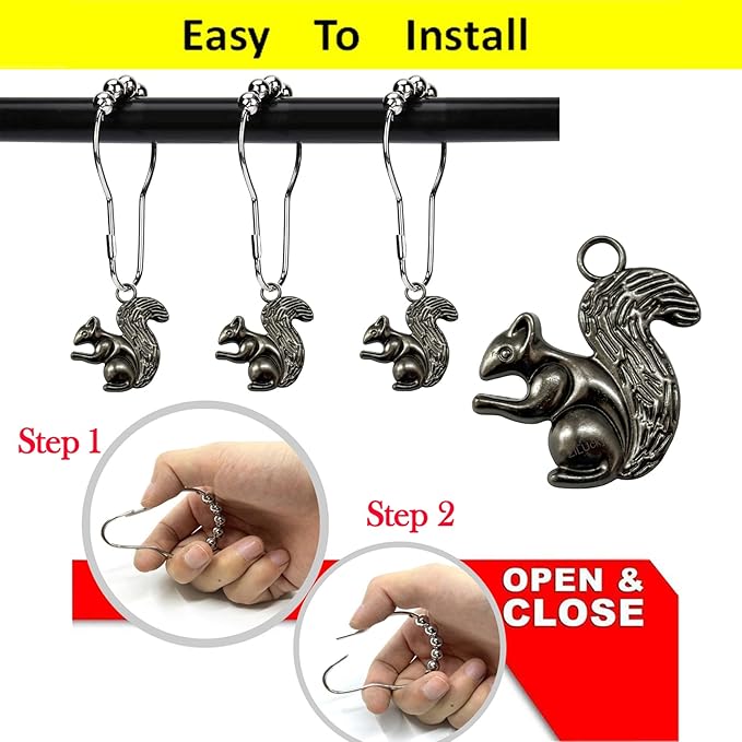 ZILucky12 Pcs Squirrel Shower Curtain Hooks, Stainless Steel Rustproof, Shower Curtain Rings, Minimalist Modern Decorative Design (Black-Squirrel)