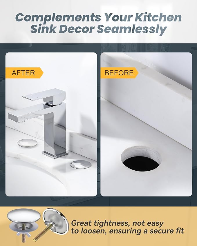 Kitchen Sink Hole Cover, 2 PCS Faucet Hole Cover for Kitchen Sink, Tap Hole Plate Stopper Cover Blanking Brass Metal Plug, Sink Countertop Hole Cap Cover, Chrome