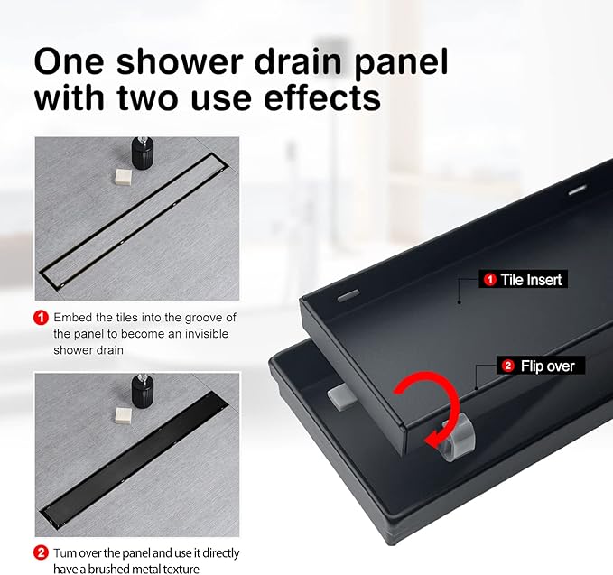 SaniteModar Linear Shower Drain, Black Shower Drain 30 inch with Flat and Tile Insert 2 in 1 Panel, 304 Stainless Steel Black Linear Shower Drain with Hair Strainer and Leveling feet