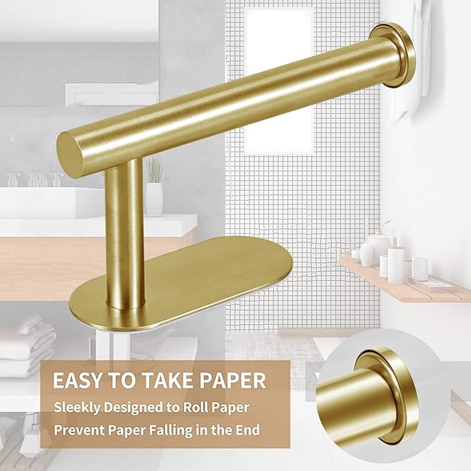 Toilet Paper Holder - Self Adhesive Toilet Paper Holder Wall Mount for Bathroom, SUS 304 Stainless Steel Command Strip Toilet Paper Roll Holder Stick On Wall, No Drilling - Brushed Gold