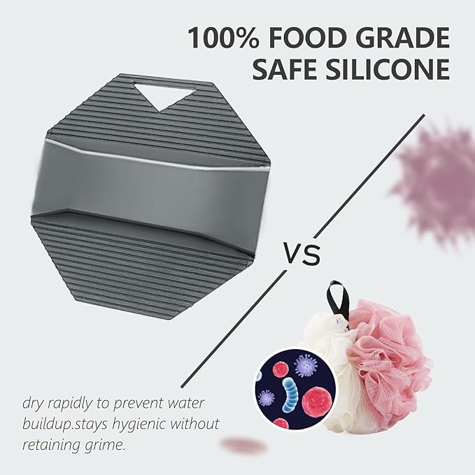2 Pack Silicone Body Scrubber, Exfoliating Body Scrubber for Sensitive Skin, Silicone Loofah with Anti-Slippery Handle, Stays Clean Easily, Travel-Friendly for Men & Women (Gray + Purple)