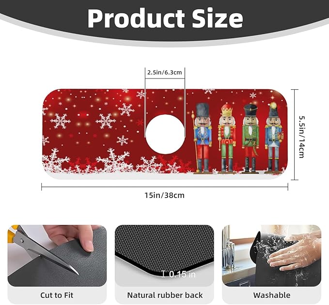 Christmas Snowflake Nutcracker Red 15" X 5.5" Kitchen Sink Splash Guard Faucet Faucet Guard Draining Mat Sink Splash Guard Faucet Kitchen Bathroom
