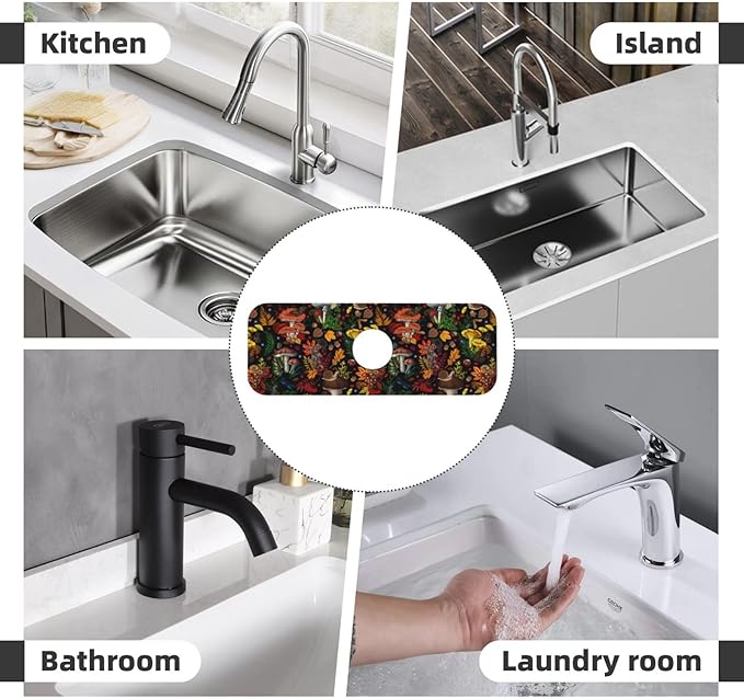 Mushroom Forest Butterfly Kitchen Sink Splash Guard Faucet Mat 1 Pcs, Absorbent Fast Drying Mat Gadgets Splash Guard For Bathroom 15 X 5.5 Inches