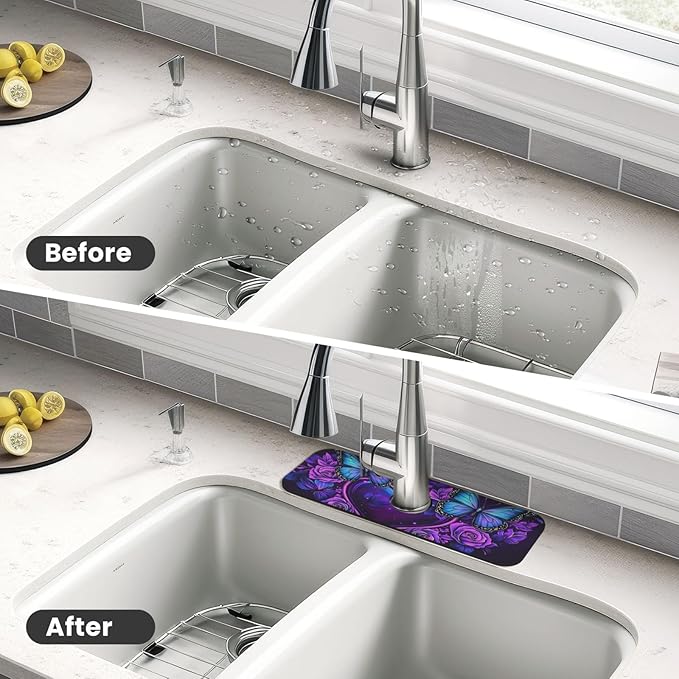 Butterfly Heart Roses 15" X 5.5" Kitchen Sink Splash Guard, Faucet Guard Draining Mat, Faucet Suction Pad For Kitchen Bathroom