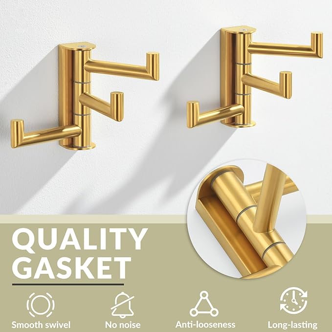 APLusee Brushed Gold Swivel Towel Hook 2 Pack, 304 Stainless Steel Triple Clothes Hook, Wall Mount