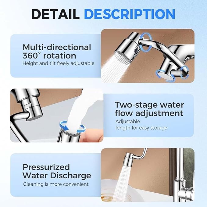1440° Rotatable Faucet Aerator Extension, 2 Modes Universal Sink Faucet for Splash Reduction, 1080° Rotating Multifunctional U shaped faucet extender for Bathroom Sink Kitchen