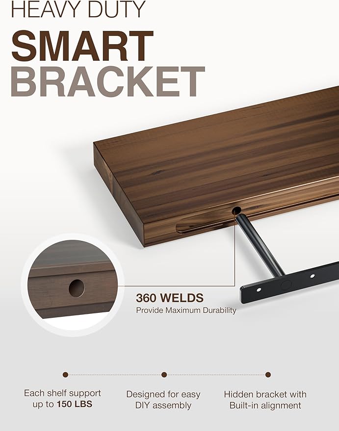 BATODA Set of 2 36" Acacia Floating Shelves for Wall – Rustic Farmhouse Floating Shelves - Wooden Wall Storage Shelf Home Décor - DIY Floating Book Shelves - with Brackets & Hardware (Walnut Color)