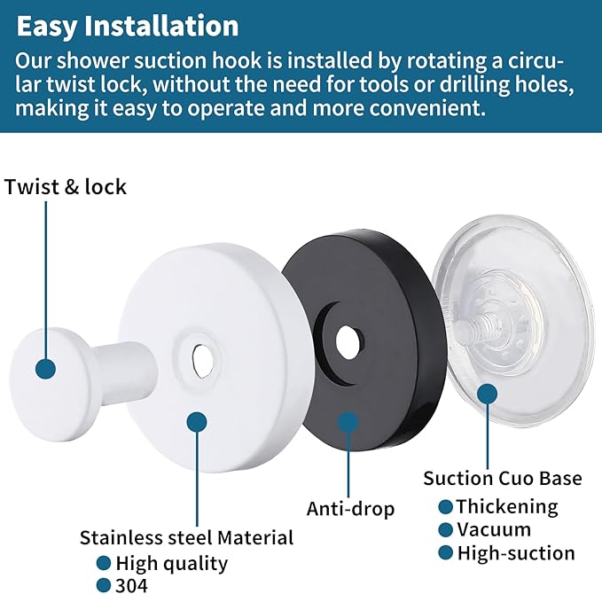Suction Cup Hooks for Shower 2 Pack Stainless Steel No Drill Removable Waterproof Rustproof for Bathroom Kitchen Glass Mirror Tile to Hang Towels Robes Loofah Wreath (White)