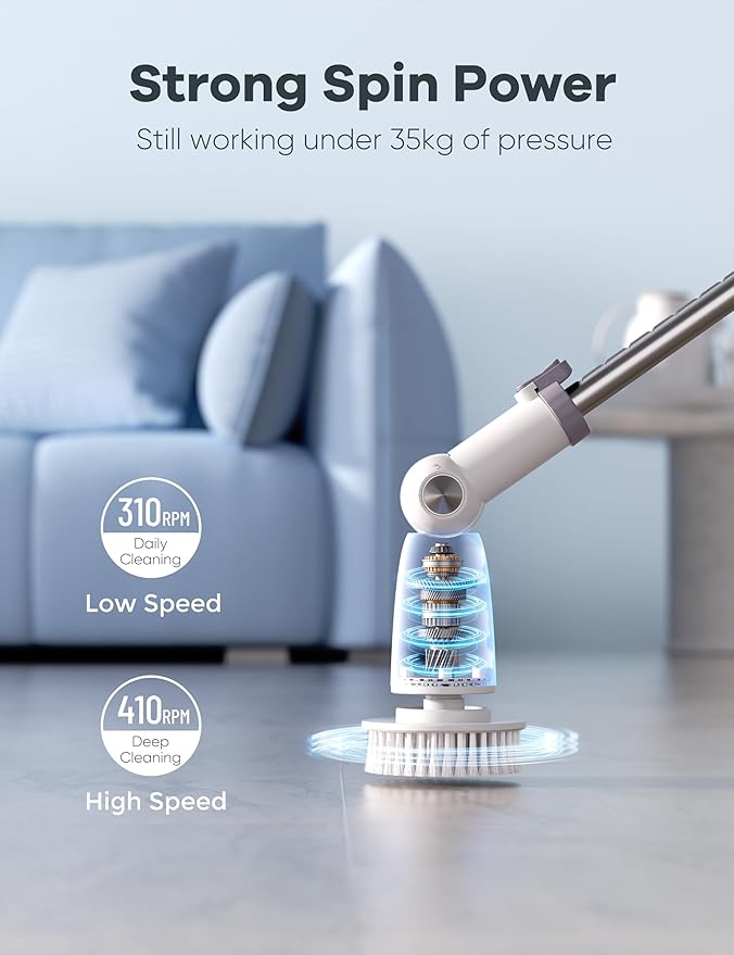 Electric Spin Scrubber,Floor Scrubber with Long Handle Power Scrubber Dual Speeds,Cleaning Brush Cordless,Shower Scrubber Scrub Brush with 3 Adjustable Angles,8 Brush Heads for Bathroom,Tile