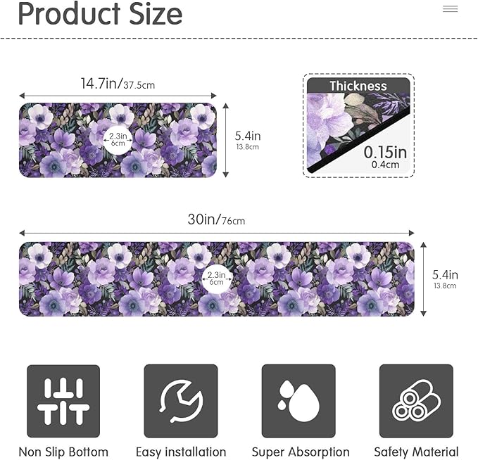 Purple Black Lotus Flower Kitchen Sink Splash Guard Sink Faucet Mat Faucet Handle Drip Catcher Drain Mats for Kitchen Bathroom Countertop Absorbent Dish Drying Pad 2Pack 14.7x5.4IN