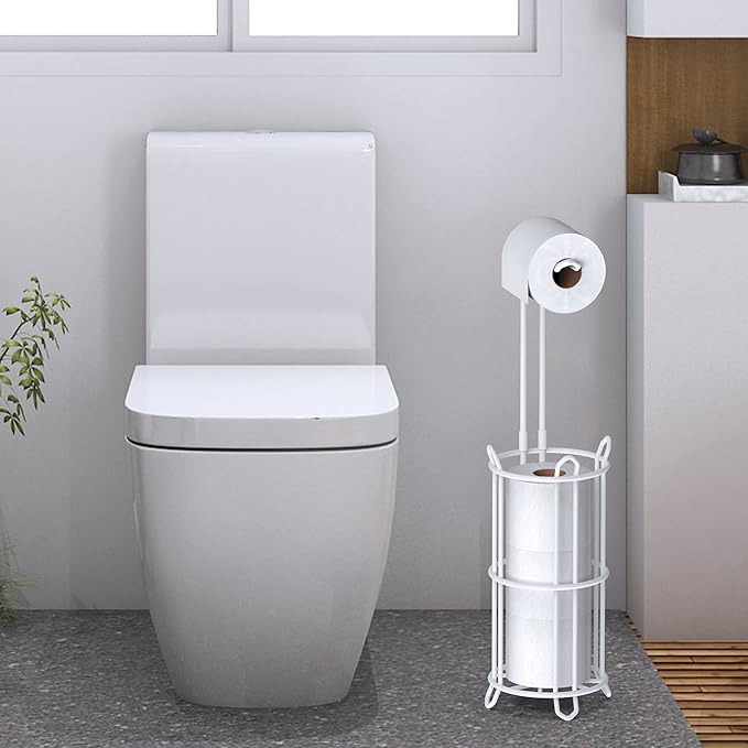 Meangood Toilet Paper Holder Stand and Tissue Paper Roll Dispenser for 4 Mega Rolls, Bathroom Free Standing Tissue Roll Storage Holder Rack, Metal Wire White