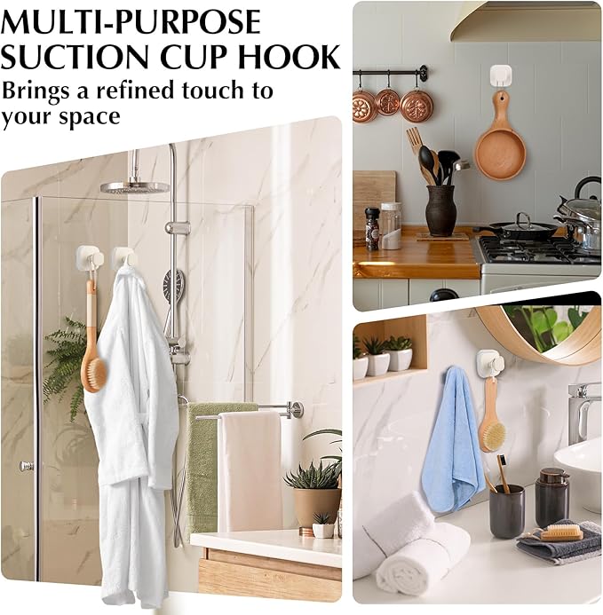 Suction Cup Hooks for Shower - Reusable No-Drill Mounting - Hooks for Towels, Robes & Loofah on Metal, Glass, Mirrors, Tile & Smooth Non-Porous Surfaces (2, Milk White)