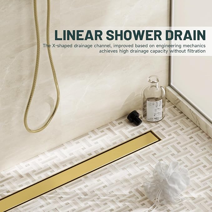 28-Inch Linear Shower Floor Drain, Stainless Steel Bathroom Floor Drains, Rectangular Shower Trench Floor Drain, Hair Strainer, Brushed Gold