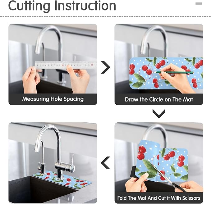 Kitchen Sink Splash Guard 2 PCS 14.7 Inch Sink Faucet Mat Splash Guard for Bathroom Countertop Water Absorbent Foldable Cuttable Soft Washable Light Blue Dots Red Cherry
