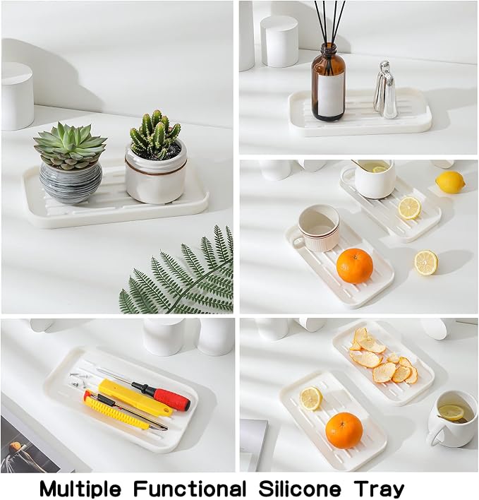 Silicone Kitchen Sink Organizer Tray for Multiple Usage,Eco-Friendly Sponges Holder for Kitchen Bathroom Counter or Sink,Dish Soap Dispenser,Scrubber,Bottle,Cup (White, 10"×5.3")