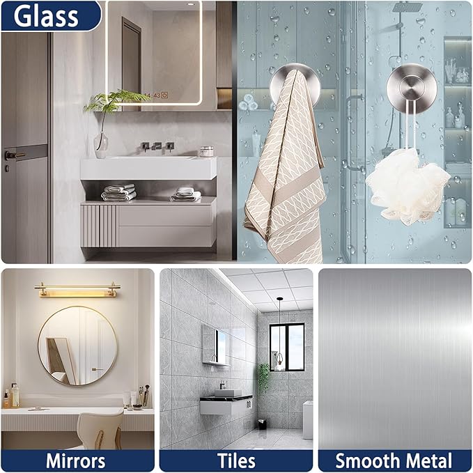Silver Waterproof Suction Cup Hooks, 8-Pack Heavy Duty Stainless Steel No Drill Shower Hooks for Hanging Towels, Robes, Loofahs, Holder Holds Strong on Tile, Glass, Mirror, Wall, Bathroom Door