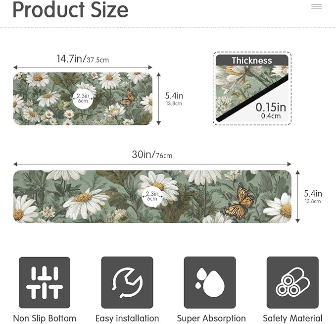 Kitchen Sink Splash Guard 1 PC 14.7 Inch Sink Faucet Mat Splash Guard for Bathroom Countertop Water Absorbent Foldable Cuttable Soft Washable Summer Daisy Butterfly Green