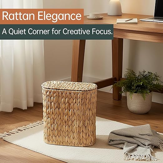 3 Gallon Wicker Trash Can with Lid and Liner,Small Bathroom Trash Cans,Woven Rattan Narrow Waste Basket for Bedroom,Home Office,Natural Water Hyacinth