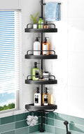 HAMITOR Corner Shower Caddy Tension Pole: 4 Tier Shampoo Storage Organizer for Inside Shower - Telescoping Rod Shower Rack for Bathroom and Bathtub - Restroom Floor Standing Bath Rack Holder Black