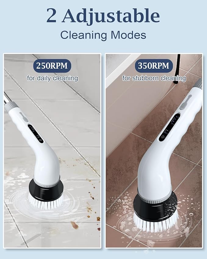 Electric Spin Scrubber, Shower Scrubber Cordless Cleaning Brush with 8 Replaceable Brush Heads and Squeegee，Adjustable Extension Handle 2 Speeds Electric Cleaning Brush for Bathroom, Tub, Tile，Kitchen