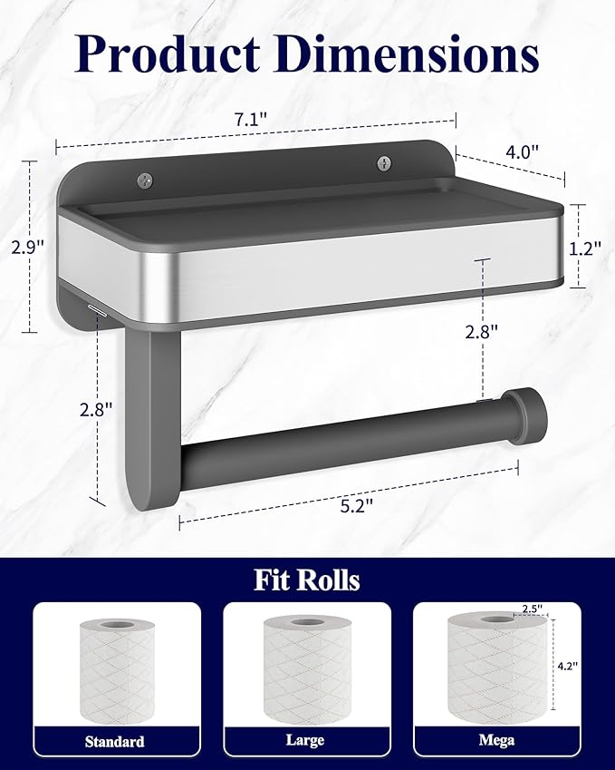Kitsure Toilet Paper Holder with Shelf - Adhesive & Screw Wall Mount Toilet Paper Storage, Matte Black Design for Bathroom Decor, Space-Saving for Washroom, RV, Black, 2 Pack