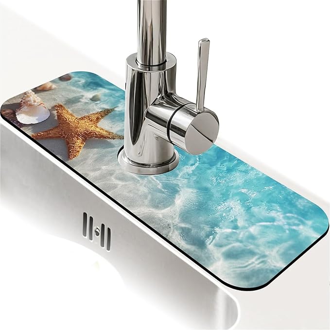 Kitchen Sink Splash Guard，Starfish Shell Beach Faucet Mat Sink Gadgets-Super Absorbent Fast Drying Mat Drip Catcher for Kitchen, Bathroom,Sink Mat, Dish Drying Mat, Bathroom(15" X 5.5" )