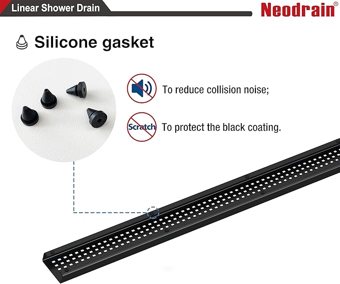 Neodrain 48-Inch Black Linear Shower Drain with Removable Quadrato Pattern Grate, heavy duty 304 Stainless Steel Rectangle Shower Floor Drain, linear drain with Leveling Feet,Hair Strainer,Matte Black