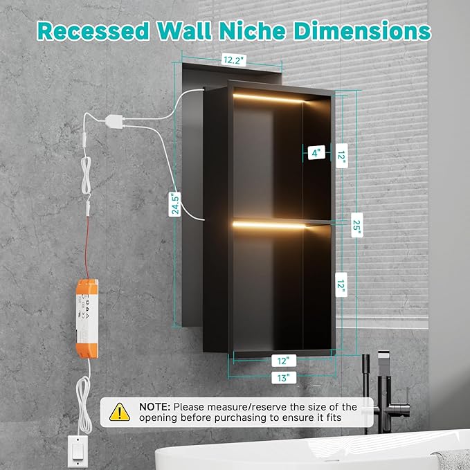 12" X 24" Stainless Steel Shower Niche with LED Lights, Matte Black Double Shelves Recessed Shower Niche No Tile Needed for Bathroom/Bedroom Storage