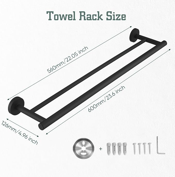 Towel Rack for Bathroom, 24 Inch Dual Towel Bar, Stainless Steel Wall Mounted Towel Holder Modern Home Decor Bathroom Accessories, Matte Black