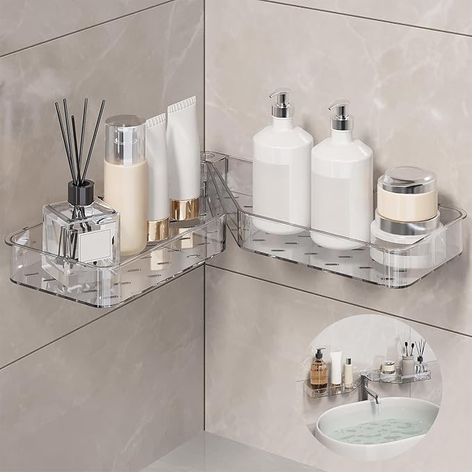 Shower Shelf Adhesive, Acrylic Corner Shower Caddy Hanging for Bathroom Kitchen Organization, Rotatable No Drilling Bathroom Shelves Shower Storage with Drainage Holes