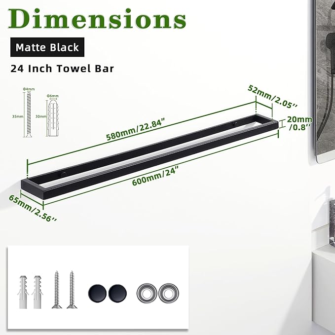 Alise Bath Towel Bars,24 Inch Towel Holder Towel Racks for Bathroom and Lavatory,SUS304 Stainless Steel Hand Towel Hanger Rail Wall Mount,Matte Black