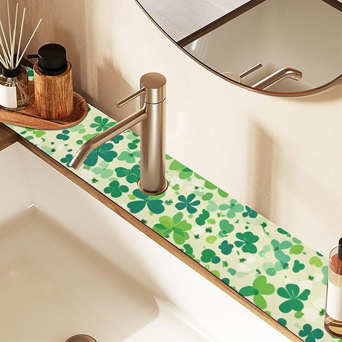 Kitchen Sink Splash Guard 2 PCS 30 Inch Sink Faucet Mat Splash Guard for Bathroom Countertop Water Absorbent Foldable Cuttable Soft Washable Saint Patricks Green Clovers