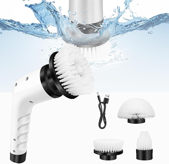 Power Electric Cleaning Brush with 3 Replaceable Heads,Rechargeable Handheld Cleaning Brush with Dual Speeds,Electric Scrubbing Brush for Tile,Tub,Kitchen,Floor,Bathroom