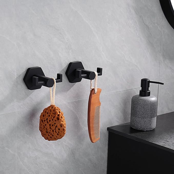GERZWY Matte Black Coat/Robe Clothes Hook for Bath Kitchen Modern Hotel Style, Stainless Steel Bathroom Double Towel Hook Wall Mounted 2 Pack