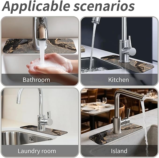 Kitchen Sink Splash Guard，Marble black gold Faucet Mat Sink Gadgets-Super Absorbent Fast Drying Mat Drip Catcher for Kitchen, Bathroom,Sink Mat, Dish Drying Mat, Bathroom(15" X 5.5" )