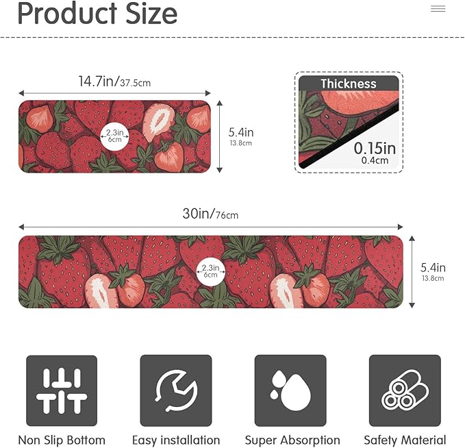 Kitchen Sink Splash Guard 2 PCS 14.7 Inch Sink Faucet Mat Splash Guard for Bathroom Countertop Water Absorbent Foldable Cuttable Soft Washable Cartoon Red Strawberry