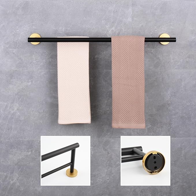 GERZWY 24-Inch Bath Double Towel Bar Stainless Steel Modern Round Style Bath Hand Towel Rack Wall Mount Black & Gold